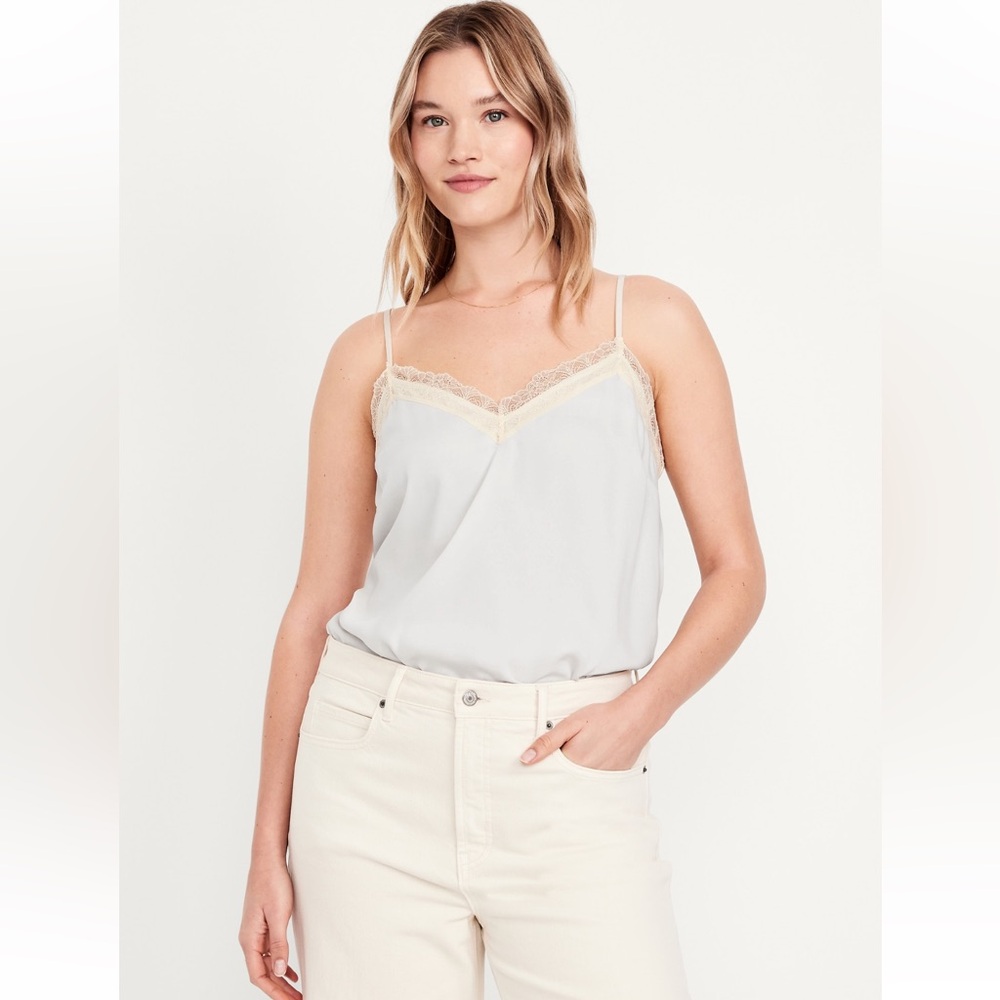 NWT Old Navy Lace-Trim Satin Cami Top, Size Medium Tall, Frosted Cookie - Picture 2 of 8